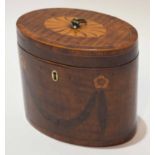 Regency mahogany boxwood and kingwood inlaid tea caddy, of oval form with hinged cover and ring