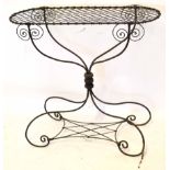 Decorative wire work plant stand of D-ended rectangular form, raised on a scrolled support, 89cm