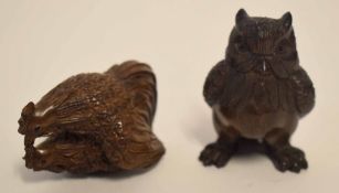 Group of two carved netsuke, one modelled as an owl, the other as two chickens