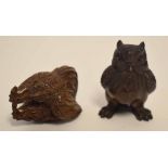 Group of two carved netsuke, one modelled as an owl, the other as two chickens