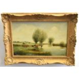 W H Simm, signed oil on canvas, River landscape with cattle, 23 x 36cms (a/f)