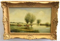 W H Simm, signed oil on canvas, River landscape with cattle, 23 x 36cms (a/f)