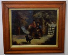 19th century English School, oil on board, Wood gatherers with dog in winter landscape, 19 x 23cm,