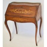 European kingwood inlaid bureau with brass gallery top, cabriole supports, 77cm wide