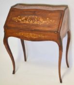 European kingwood inlaid bureau with brass gallery top, cabriole supports, 77cm wide