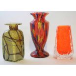 Group of three coloured glass vases, one possibly Whitefriars, all decorated in multi-coloured