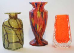 Group of three coloured glass vases, one possibly Whitefriars, all decorated in multi-coloured