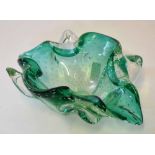 Langham Glass green bowl with bubble decoration, 23cm long