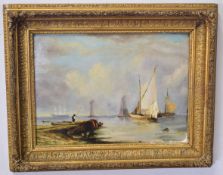 Unsigned oil, Coastal scene with fishing boats, 30 x 40cm