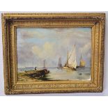 Unsigned oil, Coastal scene with fishing boats, 30 x 40cm