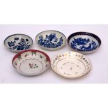 Group of 18th century English porcelain saucers including two Worcester saucers, a Caughley saucer