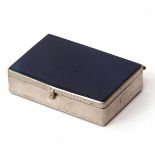 Base metal and blue stained banded agate snuff box of hinged rectangular form with plain and