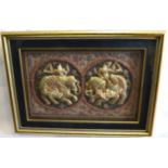 Indian filigree type embroidered large plaque depicting figures mounted on elephants in a modern