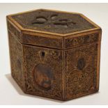 Early 19th century scroll paperwork tea caddy of hexagonal form with hinged cover and void