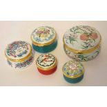 Group of five Halcyon Days enamel boxes, the largest with a design after Chinese famille rose, a