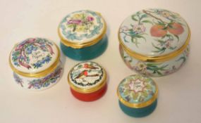 Group of five Halcyon Days enamel boxes, the largest with a design after Chinese famille rose, a