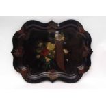 Large 19th century papier mache tray, of shaped rectangular form, the centre painted with the