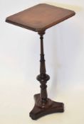 Mahogany pedestal table, canted rectangular top raised on moulded support with tripod base, 38cm