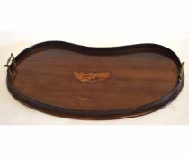 Early 20th century mahogany tea tray of kidney form with brass carry handles and inlaid shell