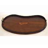 Early 20th century mahogany tea tray of kidney form with brass carry handles and inlaid shell