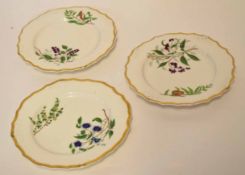 Group of three English 19th century porcelain plates with gilded rims decorated in botanical style