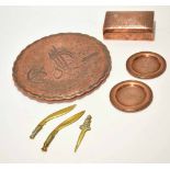 Mixed Lot: four various Egyptian copper and white metal detailed souvenir pieces comprising shaped