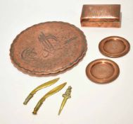 Mixed Lot: four various Egyptian copper and white metal detailed souvenir pieces comprising shaped