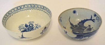 Lowestoft bowl decorated in underglaze blue with two birds (cracked) and a further late 18th century