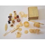 Mixed Lot: various sewing related bobbins, thread holders and winders together with a dip pen