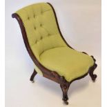 Late Victorian mahogany nursing chair, scroll back, upholstered in green, button back, serpentine