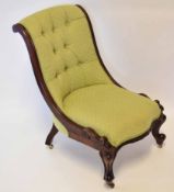 Late Victorian mahogany nursing chair, scroll back, upholstered in green, button back, serpentine