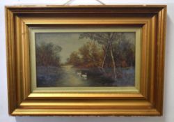 19th century English School oil on canvas, River scene with swans, 20 x 34cm