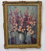 T H Bruce, signed oil on board, Still Life study of mixed flowers in a vase, 50 x 36cm