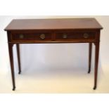 19th century mahogany side table, banded and strung top over two frieze drawers raised on tapering