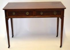 19th century mahogany side table, banded and strung top over two frieze drawers raised on tapering