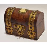 19th century burr walnut and engraved brass workbox, modelled in the form of a dome top trunk set