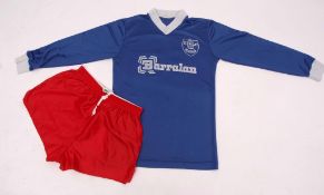 Retro Queen of the South football club shirt with red shorts