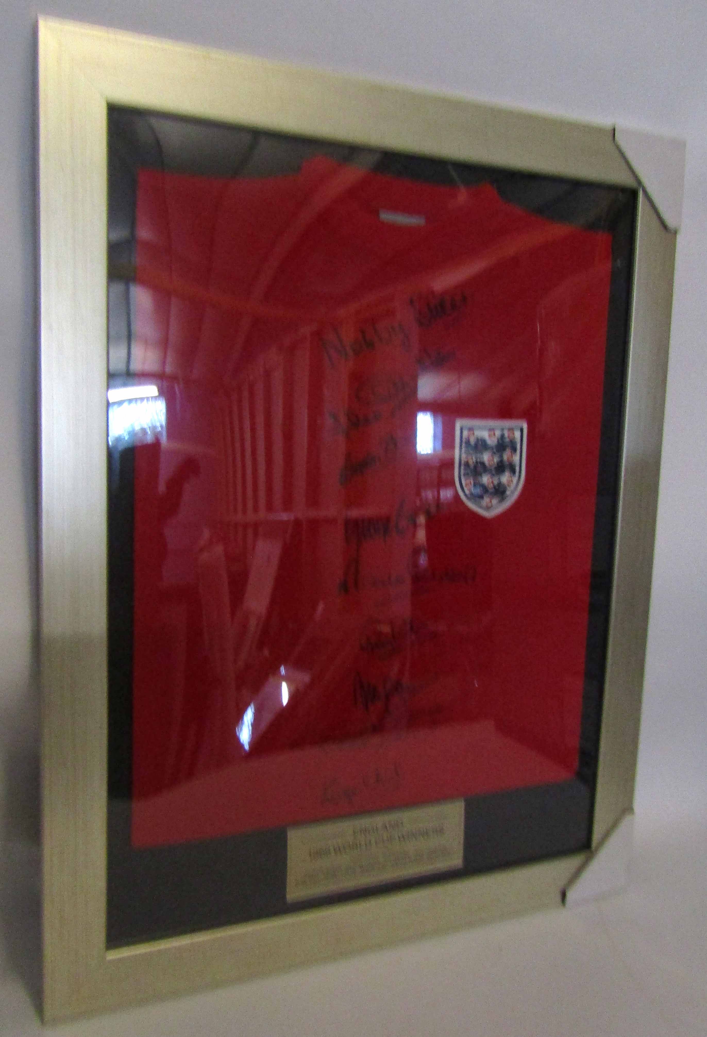 Framed England shirt signed by 1966 World Cup Winners as follows: - Image 2 of 2