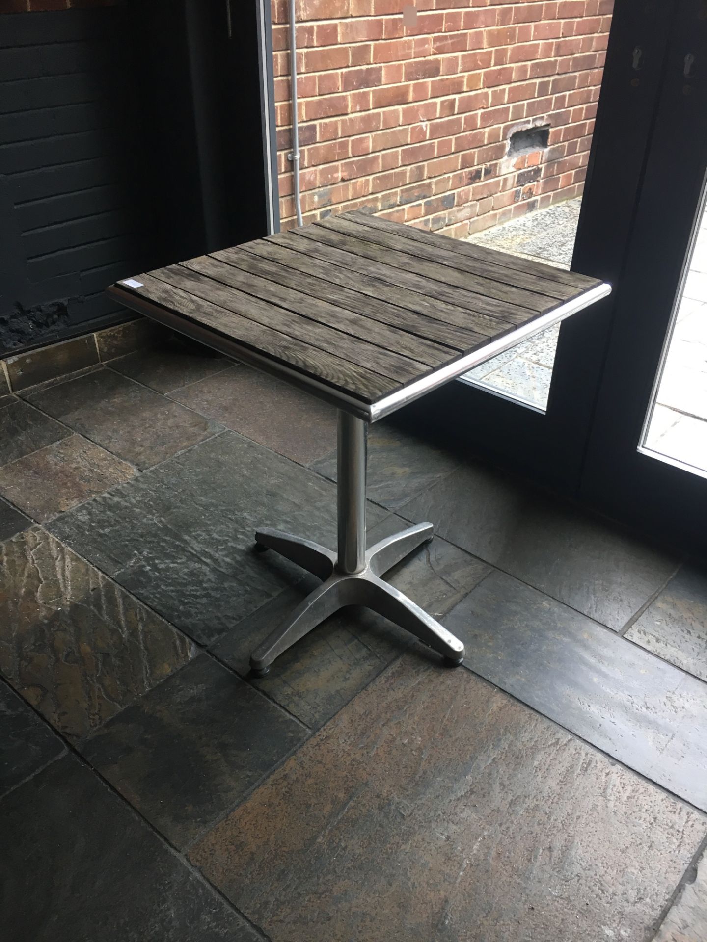 Outside square Bar/Dining Table, approx 60cm x 60cm, height approx 72cm.