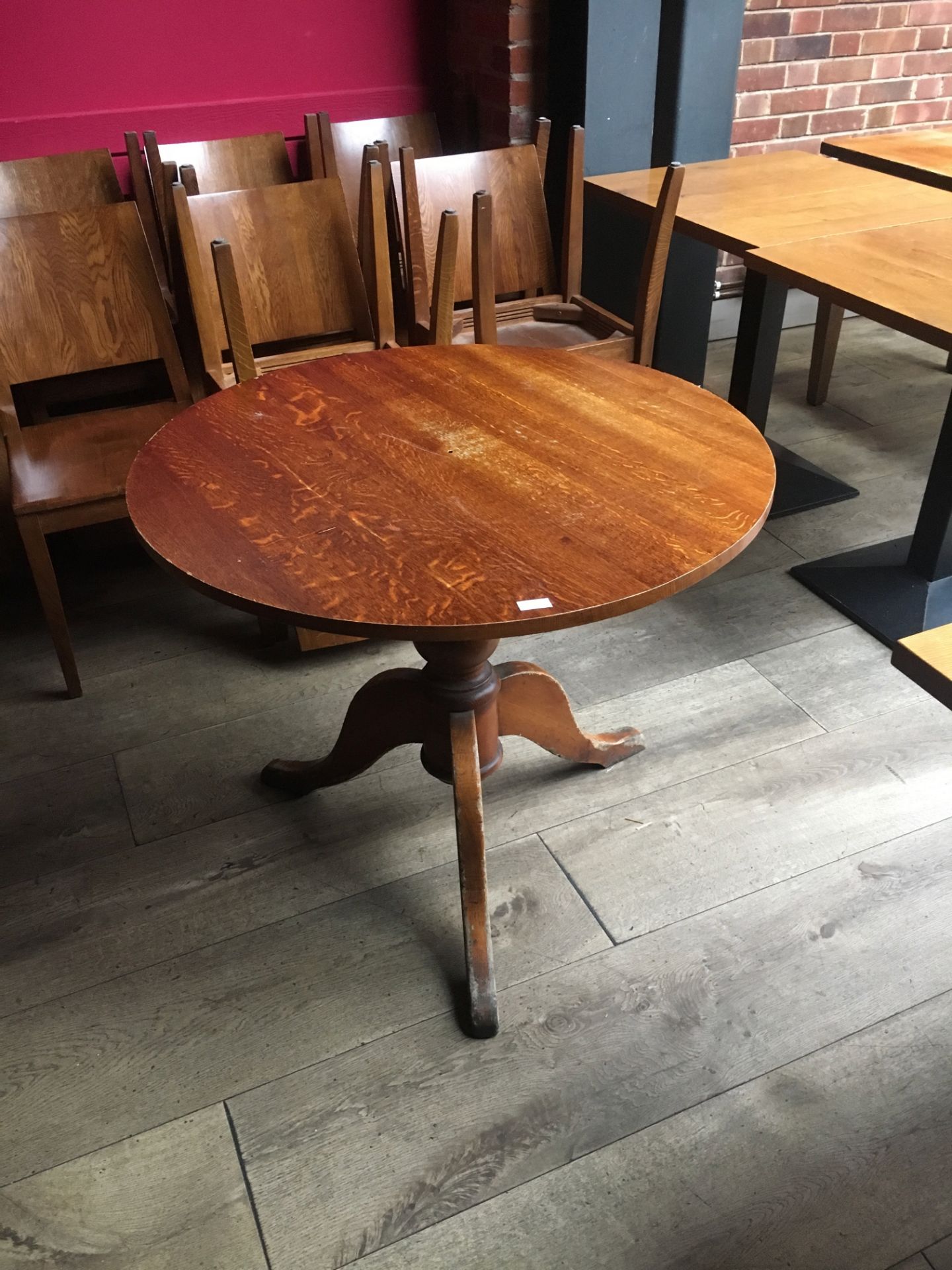 Circular solid wooden Bar Table, approx 90cm dia, height approx 75cm.