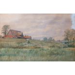 CHARLES HARMONY HARRISON (1842-1902) Water meadows and old barn, Barsham circa 1890s watercolour,
