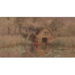 CHARLES HARMONY HARRISON (1842-1902) Broadland scene with boathouse watercolour, signed lower left