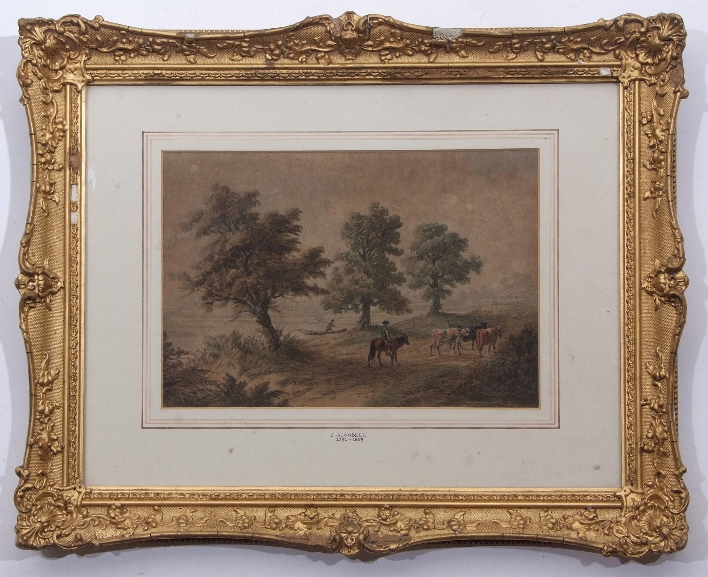 JAMES GEORGE ZOBELL (1791-1879) Country scene with figure on horse with cattle watercolour 20 x 29cm - Image 2 of 2
