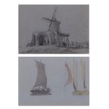 THOMAS LOUND (1802-1861) St Benet's Abbey/boats double sided pencil drawing and watercolour 13 x