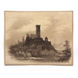 WILLIAM JOY (1803-1867, BRITISH) Lakeland scene with castle sepia watercolour 23 x 29cms, unframed