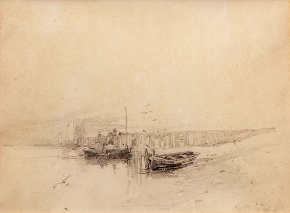 HENRY BRIGHT (1814-1873) Jetty scene with fishing boats pencil drawing, signed and indistinctly