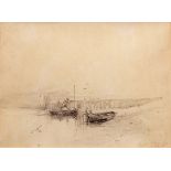 HENRY BRIGHT (1814-1873) Jetty scene with fishing boats pencil drawing, signed and indistinctly
