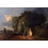 JOHN SELL COTMAN (1782-1842) Country scene with figures by a cottage, distant river and wherries oil