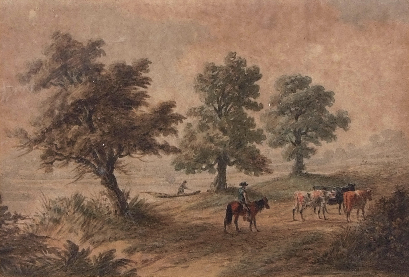 JAMES GEORGE ZOBELL (1791-1879) Country scene with figure on horse with cattle watercolour 20 x 29cm