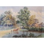 CHARLES HARMONY HARRISON (1842-1902) Figures and horses by a pool watercolour, signed and dated 1877